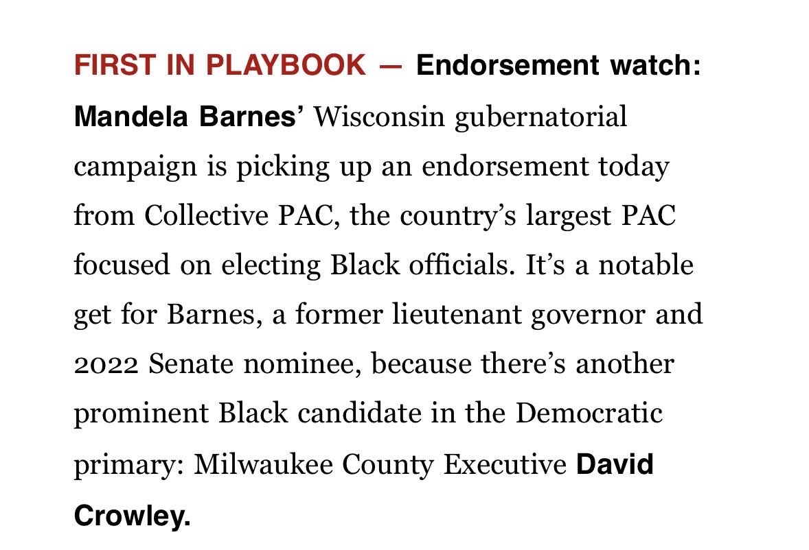 NEW: Collective PAC—the nation’s largest PAC focused on electing Black candidates—is endorsing Mandela Barnes to become Wisconsin’s first Black Governor. 

politico.com/newsletters/pl…