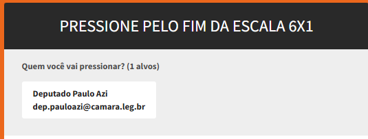 Vamos pressionar quem quer barrar o fim da escala 6x1?
o VAT em parceria com nossas tem esse mecanismo de disparos de e-mail. Vamos lotar a caixa de entrada do presidente da CCJ? fimdaescala6x1.com