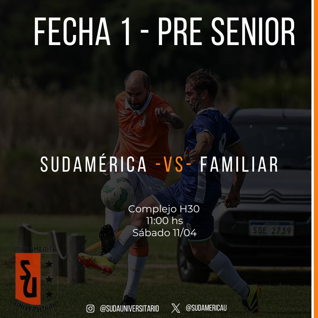 Arranca el campeonato ⚽️ 

Primera fecha para el Suda

𝗠𝗮𝘆𝗼𝗿𝗲𝘀
🆚 @cervantes_universitario 
🏟️ Complejo Juventud Melilla 
🕘 09:00 hs

𝗣𝗿𝗲 𝗦𝗲𝗻𝗶𝗼𝗿
🆚 @familiar_pre 
🏟️ Complejo H30
🕚 11:00 hs.

¡Vamos con todo! 💪⚽
#VamoElSuda