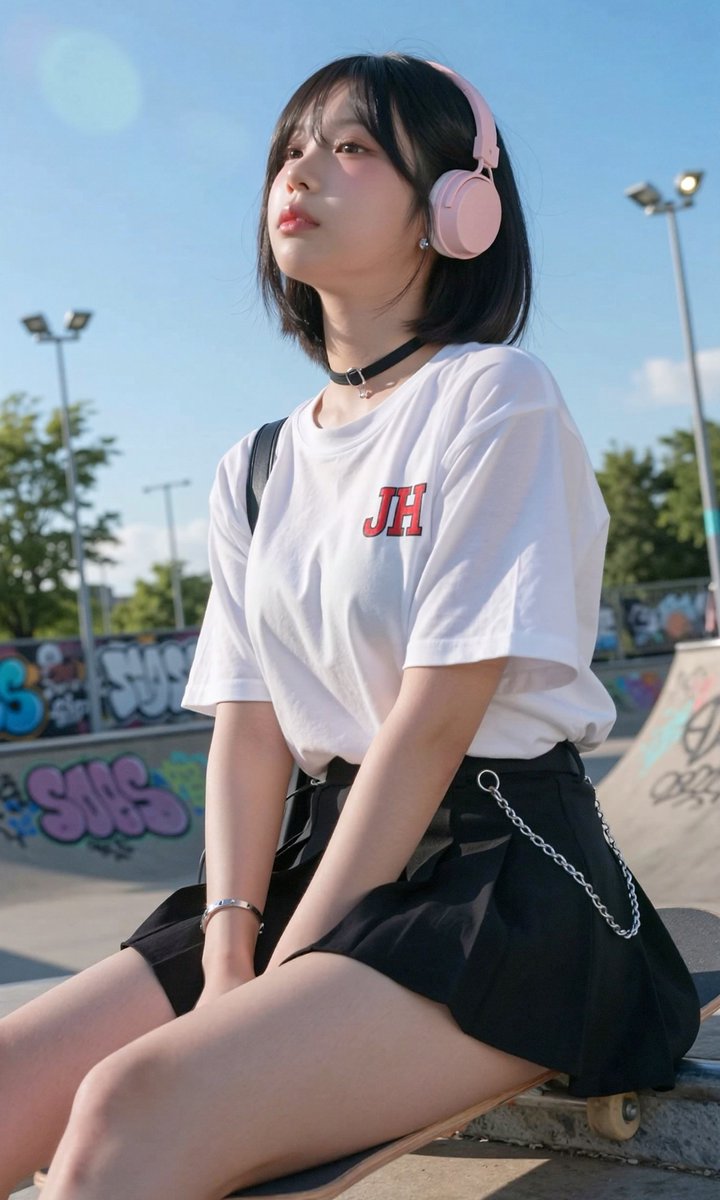 Raim_Seol's tweet image. Gliding through the skatepark with a look that says trouble 🛹✨ a little speed, a little tease #SkateparkVibes #StreetStyle #PlayfulMood