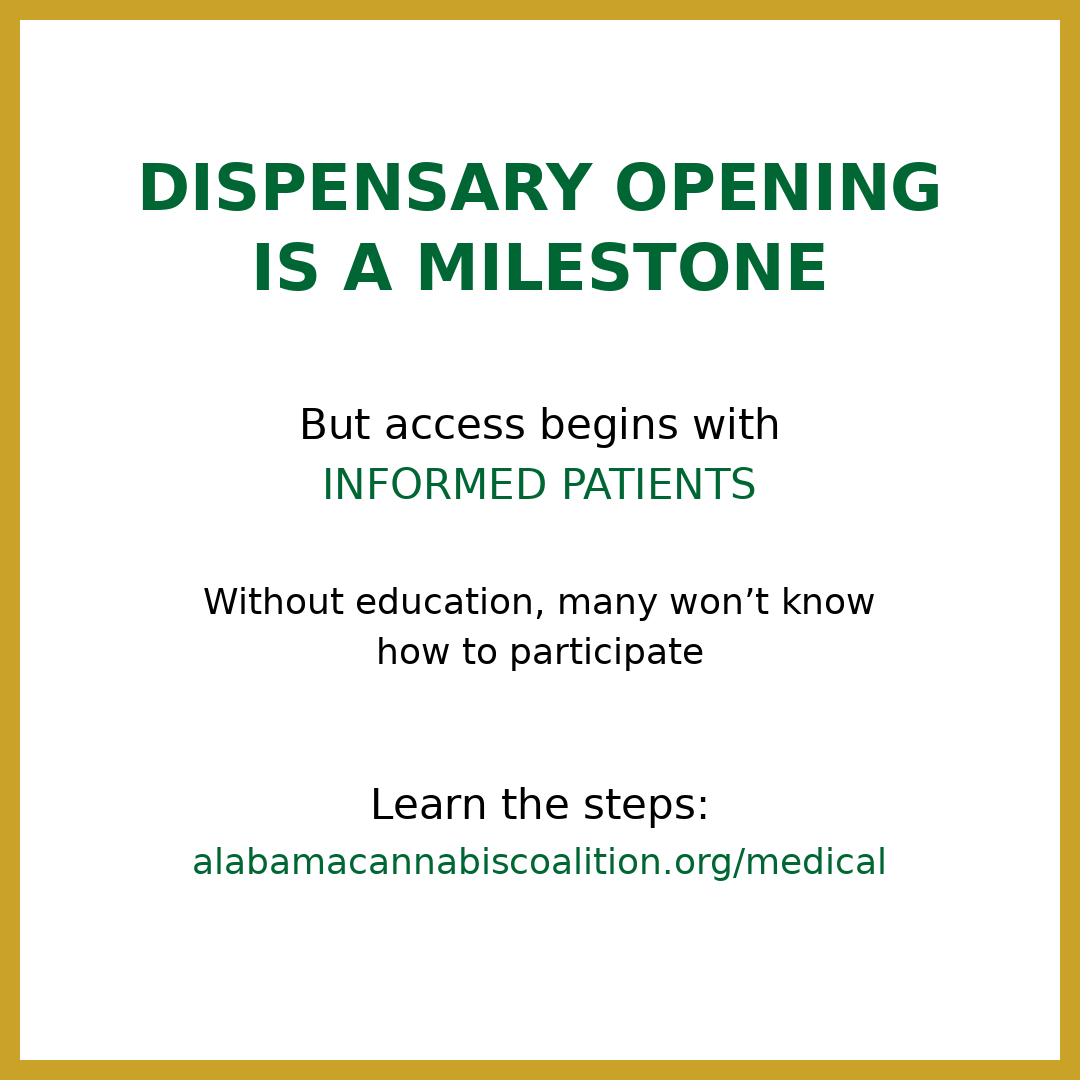 RampAlabama's tweet photo. A dispensary opening doesn’t mean access.

Without patient education, many Alabamians still won’t know how to enter the medical cannabis program.
The time for a public education campaign is NOW.
Create your patient portal (it’s free).

👉 Start here:  https://t.co/NEKGi1DjSD https://t.co/h9nkQpaCaK