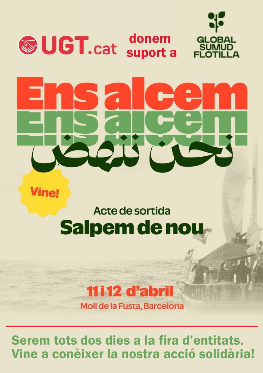 UGTCat_Int's tweet photo. ✊🌍La @ugtcatalunya  donem suport a la Global Sumud Flotilla, que salpa des de Barcelona aquest diumenge 12 per trencar el bloqueig humanitari a Gaza.

🇵🇸Ens trobareu tot el cap de setmana a la fira d’entitats al Moll de la Fusta, amb motiu de la sortida dels vaixells. https://t.co/ejPmJkPhUm