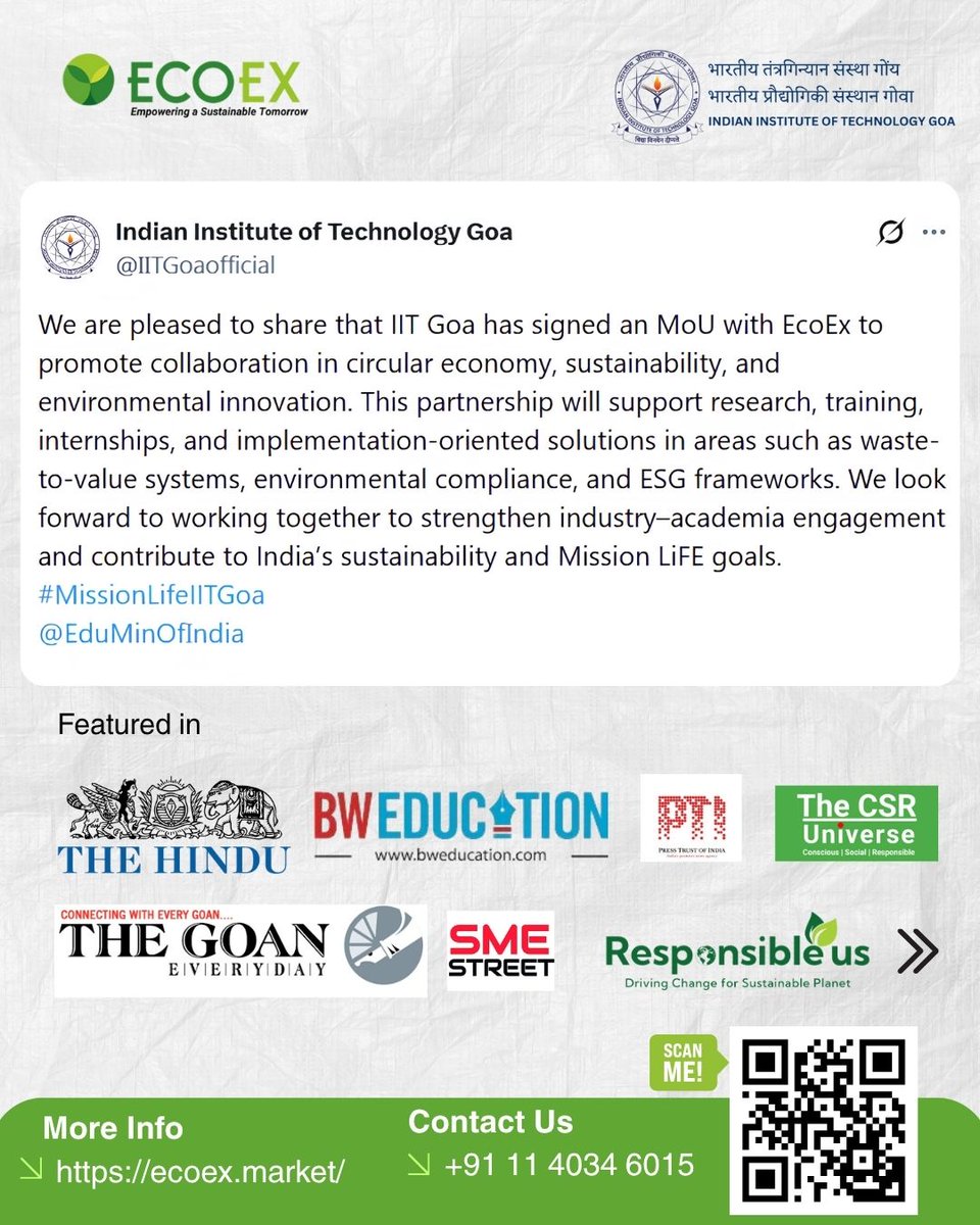 ex_eco's tweet photo. EcoEx and @IITGoaofficial  Goa Ink Pact to Pursue Sustainable Development Goals

We are proud to announce our strategic MoU with IIT Goa, strengthening the bridge between industry and academia to drive innovation in circular economy, sustainability, and ESG Framewroks. https://t.co/Fixz8S76sE