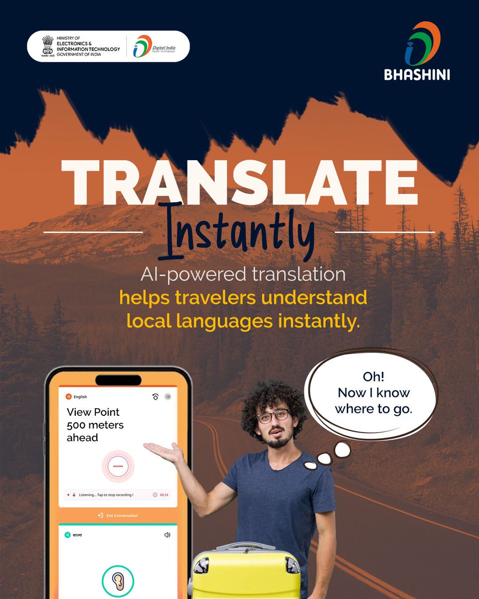 GoI_MeitY's tweet image. Exploring new places means new languages—but with Bhashini, understanding them is easy. Instantly translate and travel across India with confidence. 🇮🇳✨

#Bhashini #DigitalIndia #TravelIndia #AIforIndia @_BHASHINI