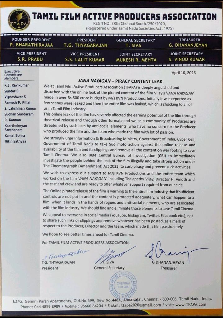 ToouringTalkies's tweet photo. From the Desk of #TFAPA
@tfapatn @offBharathiraja @TGThyagarajan @TSivaAmma @Dhananjayang @prabhu_sr #SSLalitKumar @e4echennai @vinod_offl
#Jananayagan #Piracy @onlynikil https://t.co/LXVrWYHDhz