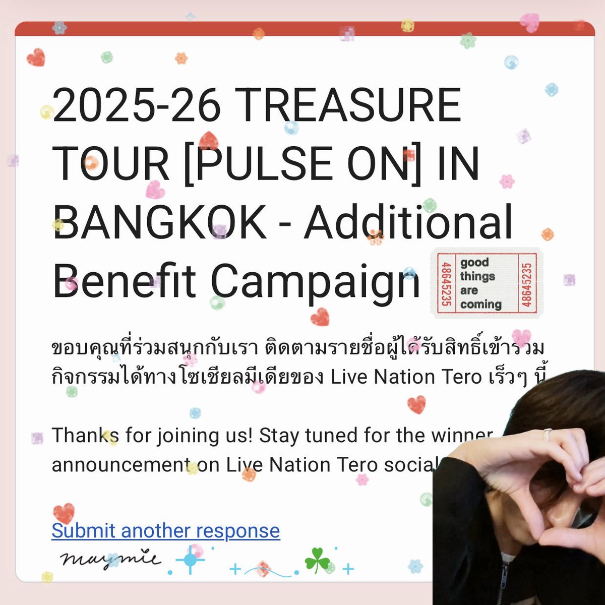 wish me luck ♡₊˚☘️・₊✧
𐙚 บนค่ะ ถ้าได้ send off แจก 1,000 (2 คน)
คนละ 500 เฉพาะทึเมเท่านั้น
rt only ka ˚⸝⸝ แจกตอนประกาศผล 🩵

#PULSE_ON_IN_BANGKOK