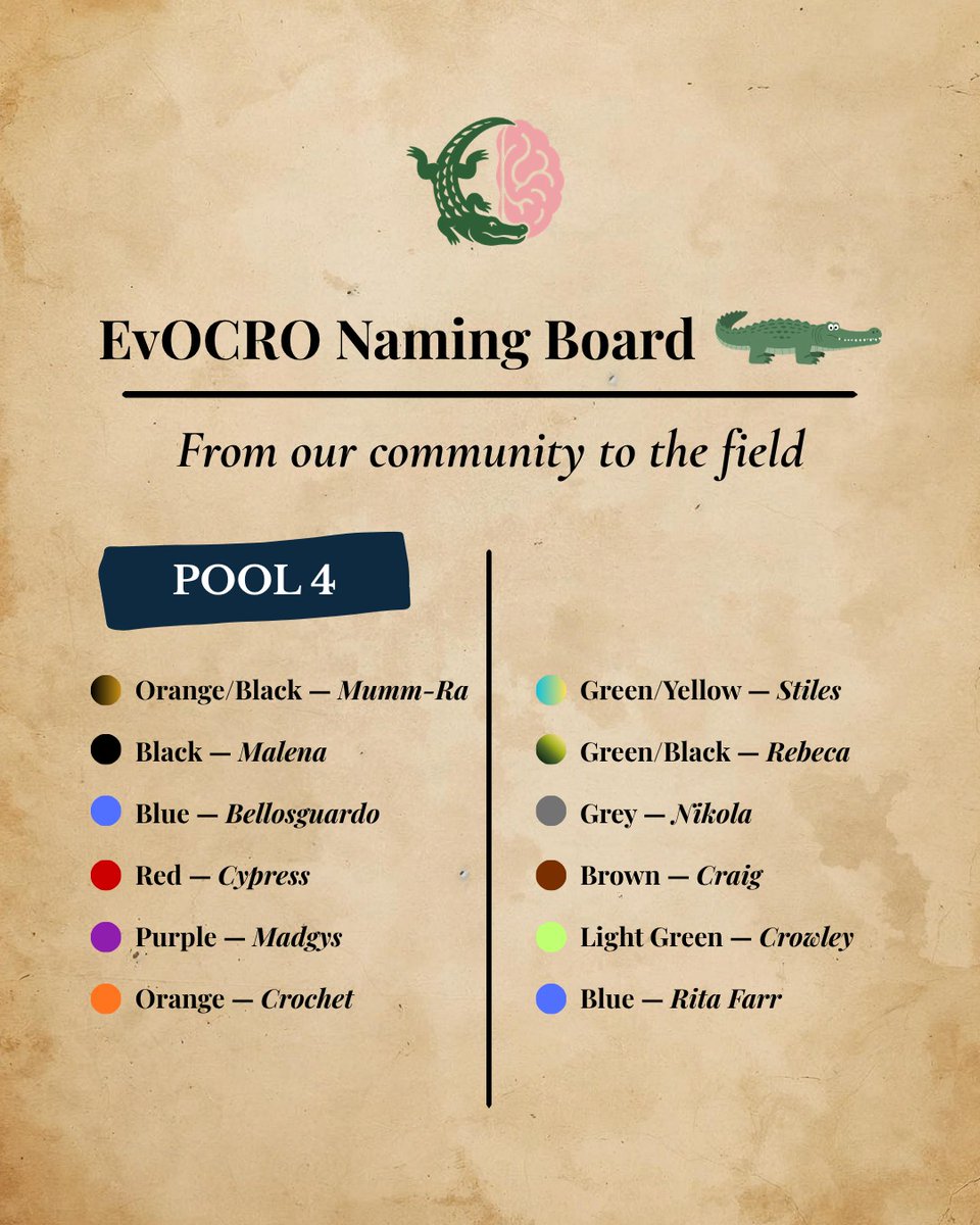 EvOCROProject's tweet photo. You helped us name them 🐊 
Here are the names chosen by our community.  
Colours match the crocodiles’ ID wristbands.  
Which one is your favourite? 👇 
#EvOCRO #ScienceEngagement https://t.co/ih4i706rHc