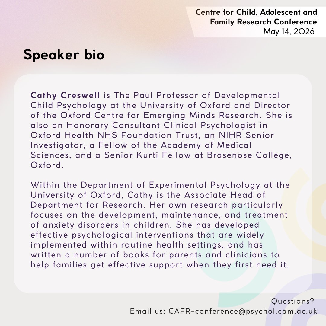 CFR32's tweet photo. Introducing our speaker line-up for the Centre for Child, Adolescent &amp; Family Research Conference 2026!  

Next up, we’re excited to welcome Cathy Creswell, the Paul Professor of Developmental Child Psychology at the University of Oxford. https://t.co/g6HaNDWKc7