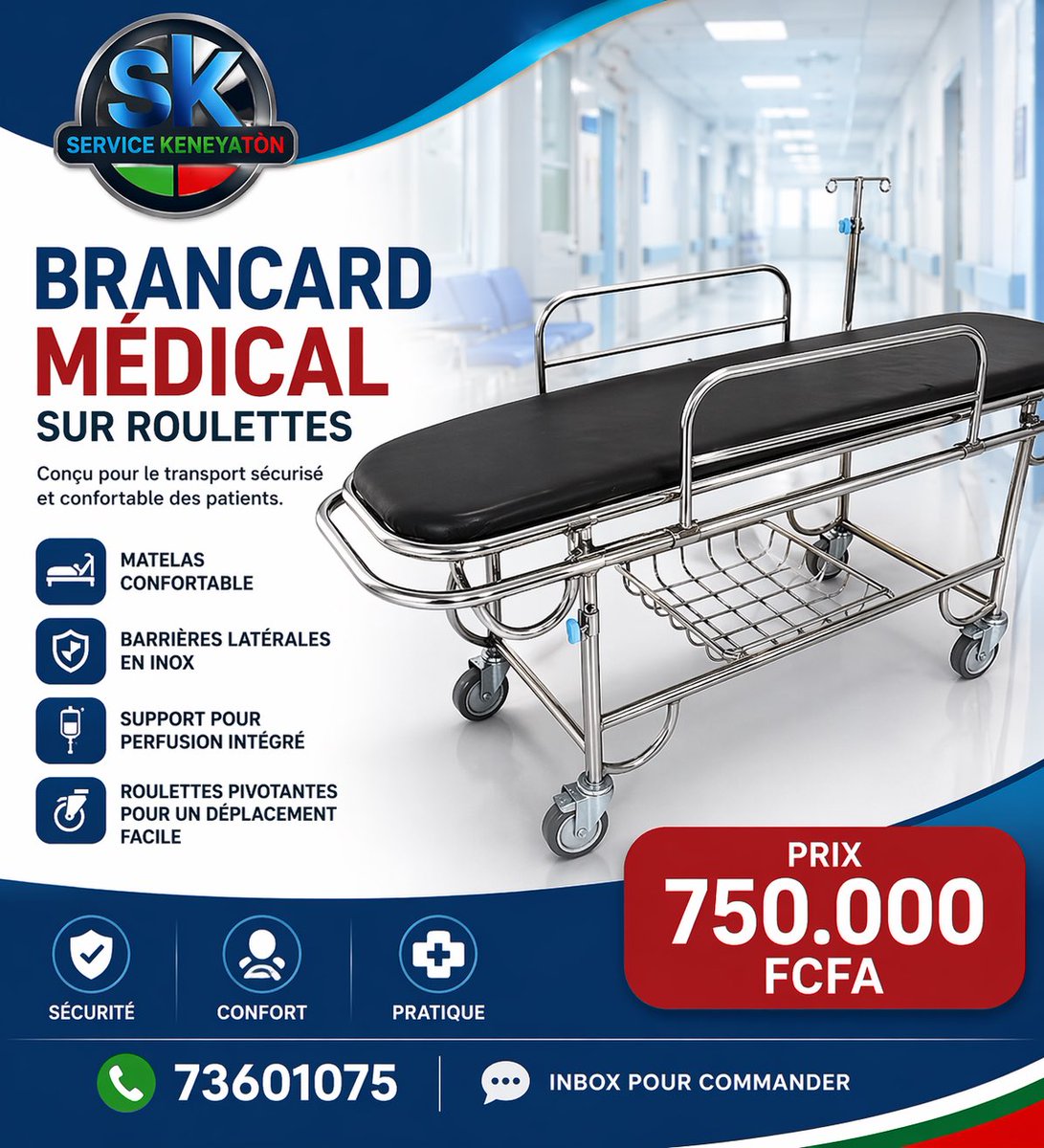 Servicekeneyato's tweet photo. 🚑 Équipements de transport médical disponibles

Nous mettons à votre disposition une large gamme de brancards et civières médicales adaptés aux urgences et au transport sécurisé des patients.

📞 73601075
📍 Lafiabougou, près de la pharmacie M’pewo https://t.co/ClNjaP1HmP