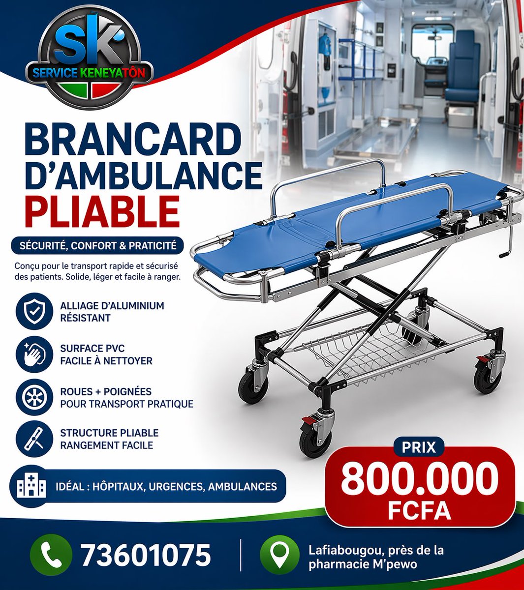 Servicekeneyato's tweet photo. 🚑 Équipements de transport médical disponibles

Nous mettons à votre disposition une large gamme de brancards et civières médicales adaptés aux urgences et au transport sécurisé des patients.

📞 73601075
📍 Lafiabougou, près de la pharmacie M’pewo https://t.co/ClNjaP1HmP