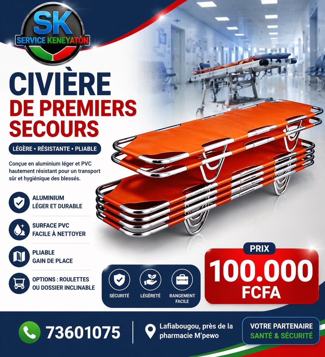 Servicekeneyato's tweet photo. 🚑 Équipements de transport médical disponibles

Nous mettons à votre disposition une large gamme de brancards et civières médicales adaptés aux urgences et au transport sécurisé des patients.

📞 73601075
📍 Lafiabougou, près de la pharmacie M’pewo https://t.co/ClNjaP1HmP