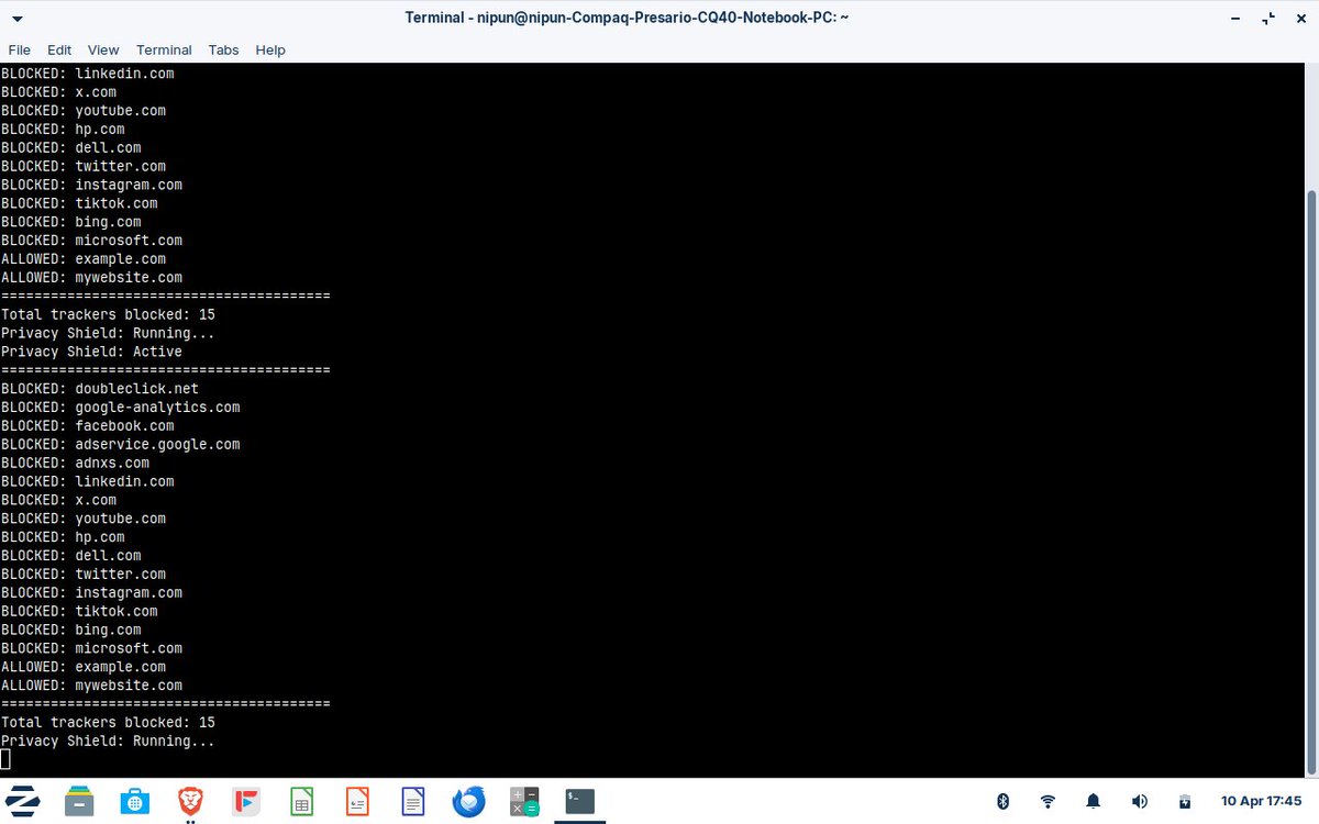 Techynipun25's tweet photo. @brave @Apple 
I built a Privacy Shield that blocks 15 trackers — like Twitter, Instagram, TikTok, and more.
It runs on my 17-year-old Compaq with Zorin Lite.
I’m 13 — and I’m building tools that matter.
#OpenSource #Privacy #Python https://t.co/nR2YpAsDgv
