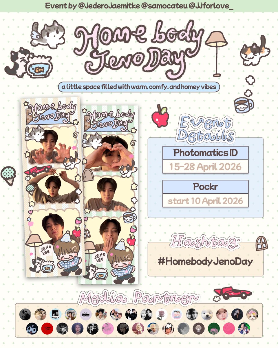 ╱◥◣
│𓉞田|│ 𝑯𝒐𝒎𝒆𝒃𝒐𝒅𝒚 𝑱𝒆𝒏𝒐 𝑫𝒂𝒚 🛋𓋼𖦹꙳

Lee Jeno’s birthday photobooth frame event
by <a href="/jederojaemitke/">nad</a> <a href="/samocateu/">ina ❀</a> <a href="/jjforlove_/">🍪</a> 

a little space filled with warm, 
comfy and homey vibes ⊹🧺 🧸🥣⊹

📍🇮🇩🇹🇭
🗓️ April 2026

kindly tag us or use #HomebodyJenoDay ♡