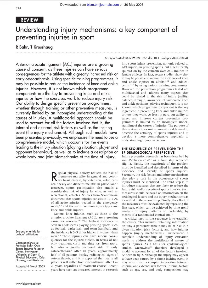 CoreyTwine's tweet photo. “Injury prevention” became a buzzword in sport for a long time. Too often it got reduced to corrective exercise menus, movement screens, and product driven claims that a test or tool could “prevent” injury. But Bahr and Krosshaug remind us that this is not what injury prevention actually is. They argue that our ability to design effective prevention strategies is limited when we do not first understand the cause of injury and the mechanism by which it occurs.

Their framework is simple, but important. The chart shows that injury prevention is not step 1. It comes after you define the injury problem and identify the aetiology and mechanisms. Only then do you introduce a preventive measure, and only then do you judge whether it worked by reassessing injury incidence and severity. In other words, prevention is not guesswork, and it is not branding. It is a process grounded in mechanism.

What the figure makes clear:
• First define the injury problem by incidence and severity
• Then establish the aetiology and mechanisms of injury
• Then introduce a targeted preventive measure
• Then test whether it actually changed outcomes by repeating step 1

Bahr and Krosshaug push this further by arguing that injury mechanism is not just a tissue level explanation. A complete model has to account for internal risk factors, external risk factors, the playing situation, athlete and opponent behavior, and the relevant biomechanical features at the whole body and joint level. That is the real challenge. Injury prevention cannot be taken seriously without a clear understanding of the mechanistic pathway of sport injury.