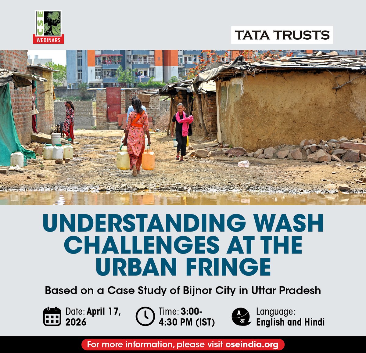 CSEINDIA's tweet image. What happens to water and sanitation services when villages become part of cities? As urban areas expand, many newly added neighbourhoods struggle with basic WASH (Water, Sanitation and Hygiene) services.

Join our upcoming #webinar, in collaboration with @tatatrusts, to