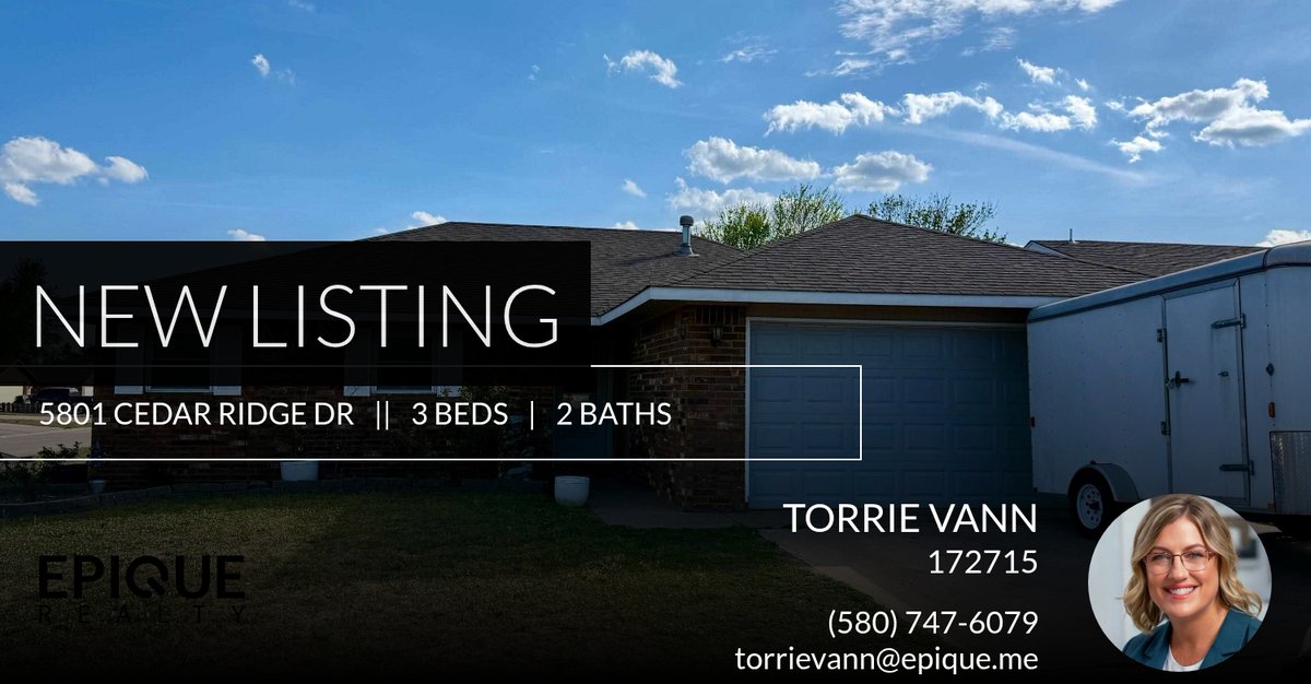 RealtorTorrie's tweet photo. 📍 New Listing 📍 Take a look at this fantastic new property that just hit the market located at 5801 Cedar Ridge Dr in Enid. Reach out here or at (580) 747-6079 for more information

Torrie Vann
REALTOR®, CRS
Epique Realty https://t.co/R6RaxjpEYt https://t.co/YQ1iznJQ30