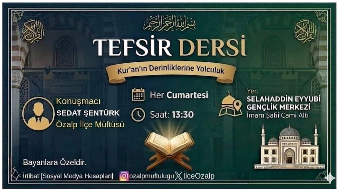 Her hafta cumartesi günü saat 13.30' da İlçe Müftümüz Sedat Şentürk ile Tefsir Dersleri kaldığı yerden devam ediyor.

#Özalp

#Vanmüftülüğü

#Van

#tefsir