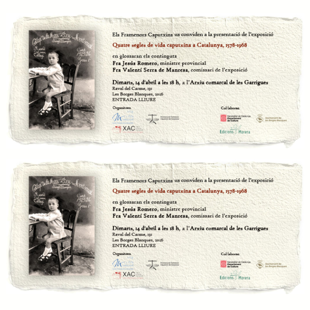 CalendariErmita's tweet photo. L'exposició #Quatreseglesvidacaputxina arriba a les #BorgesBlanques
🗓️ Es pot visitar a l'Arxiu de Les Garrigues fins el 17 d'abril 2026
📌 Acte destacat - Dimarts 14 d'abril 18h
Visita comentada pel comissari de l'exposició #fraValentíSerra
Produïda per #edicionsmorera https://t.co/tqQOFtEVTC