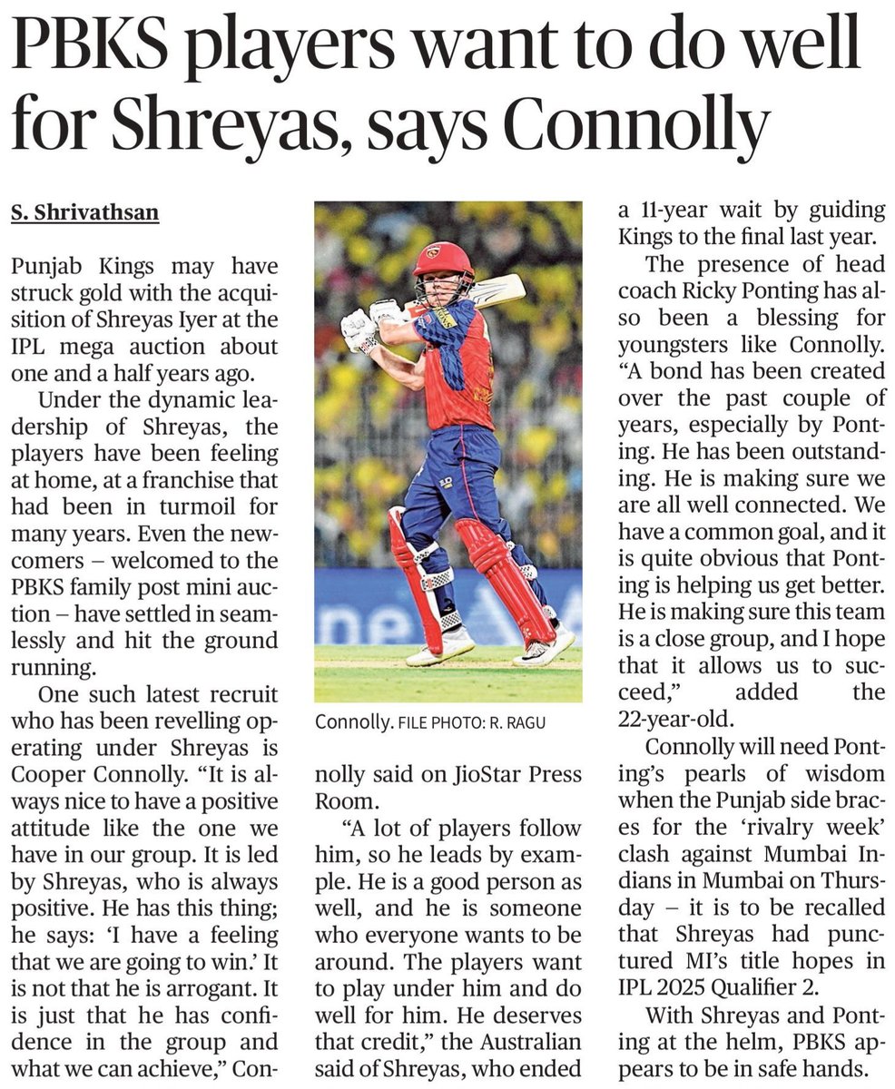 Shrivathsan1437's tweet image. "The Punjab Kings players want to play under Shreyas Iyer and do well for him. He deserves that credit," says new recruit Cooper Connolly. #IPL