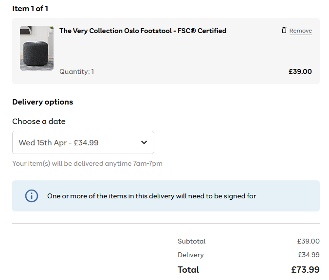 .<a href="/VeryHelpers/">VeryHelpers</a>, help it make sense that a £39 footstool is going to cost £34.99 to deliver. I know it's classed as bulky but that's just silly.