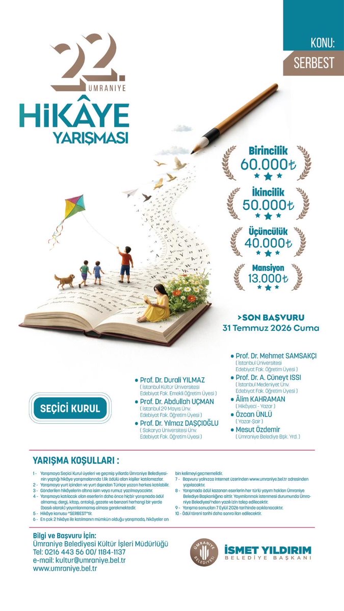 MSamsakci's tweet photo. Ümraniye Belediyesi Hikâye Yarışması’na son başvuru tarihi 31 Temmuz Cuma. 
İlgisine… https://t.co/HfPtfVd8DO