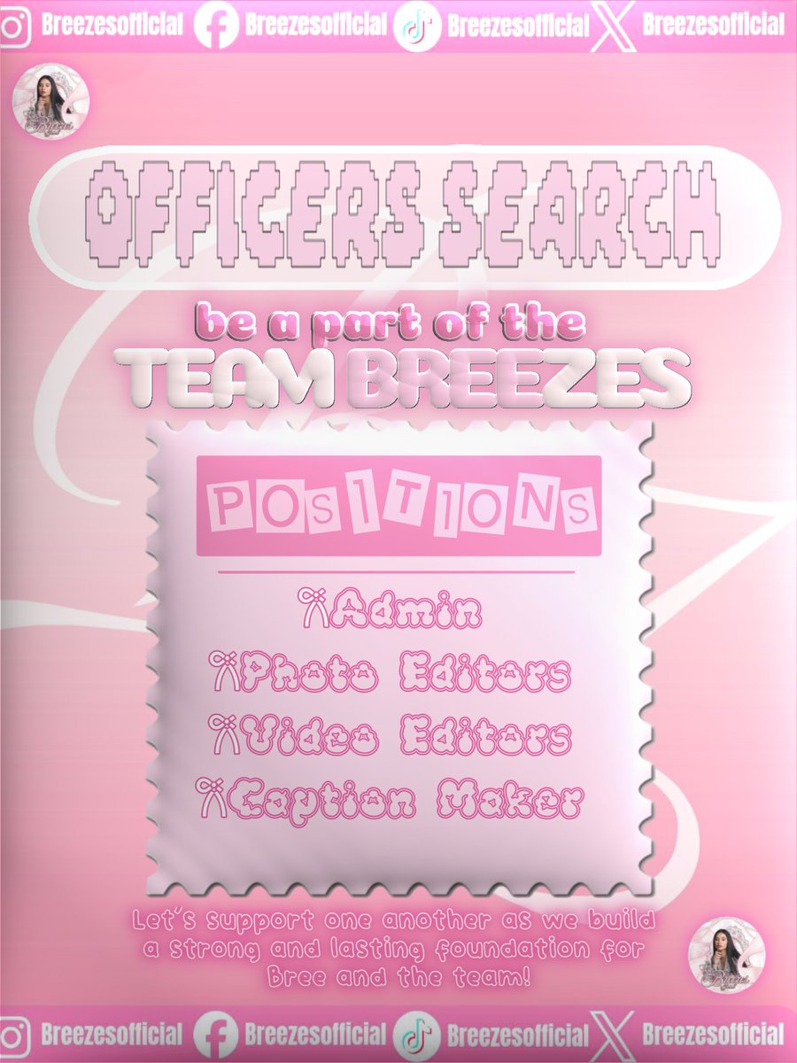 BreezesOfc's tweet photo. We’re officially opening our doors for new Officers and Team Breezes members!

Are you passionate, creative, and ready to be part of something amazing? This is your chance to shine and grow with us 

📌 Open Positions:
💻 Admin
📸 Photo Editors
🎬 Video Editors
✍️ Caption Makers https://t.co/pfpCWFPtxk
