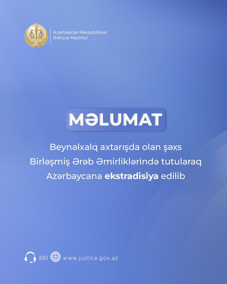 13 il əvvəl beynəlxalq axtarışa verilmiş və yeri Birləşmiş Ərəb Əmirliklərində müəyyən edilən Əli-zadə Xəyal Məzahir oğlunun aprelin 10-da Ədliyyə Nazirliyi tərəfindən Azərbaycana ekstradisiyası həyata keçirilib.

Ətraflı: justice.gov.az/az/news/beynel…

#ƏdliyyəNazirliyi