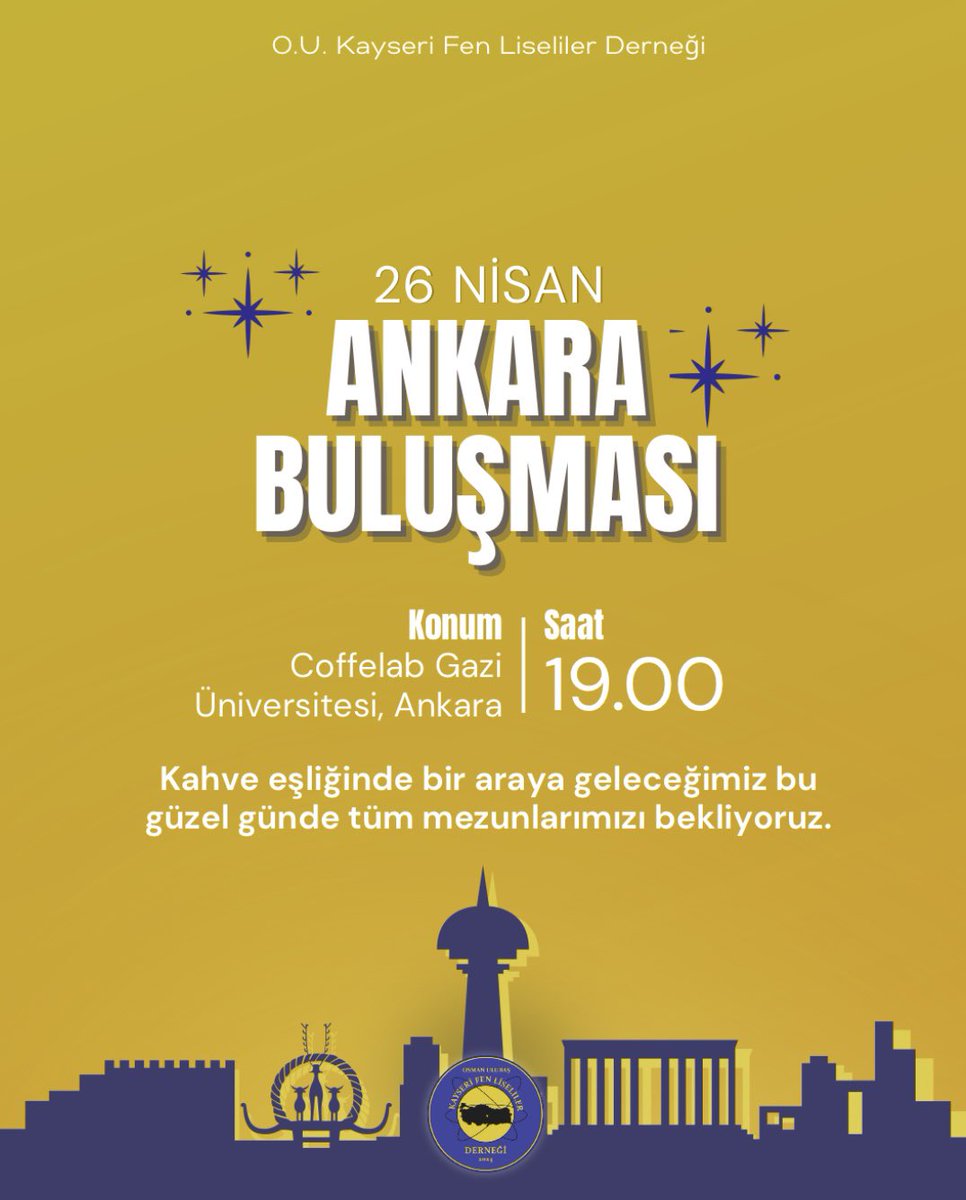 oukfldernek's tweet photo. Kayseri Fen Lisesi mezunları olarak Ankara’da kahve eşliğinde bir araya geliyoruz!
Birlik ve beraberliğimizi pekiştireceğimiz bu buluşmada sizleri de aramızda görmekten mutluluk duyarız.
Katılım için formu doldurmayı unutmayınız. 💫
https://t.co/VNB0U2fnDX https://t.co/BQaPpxFP5L