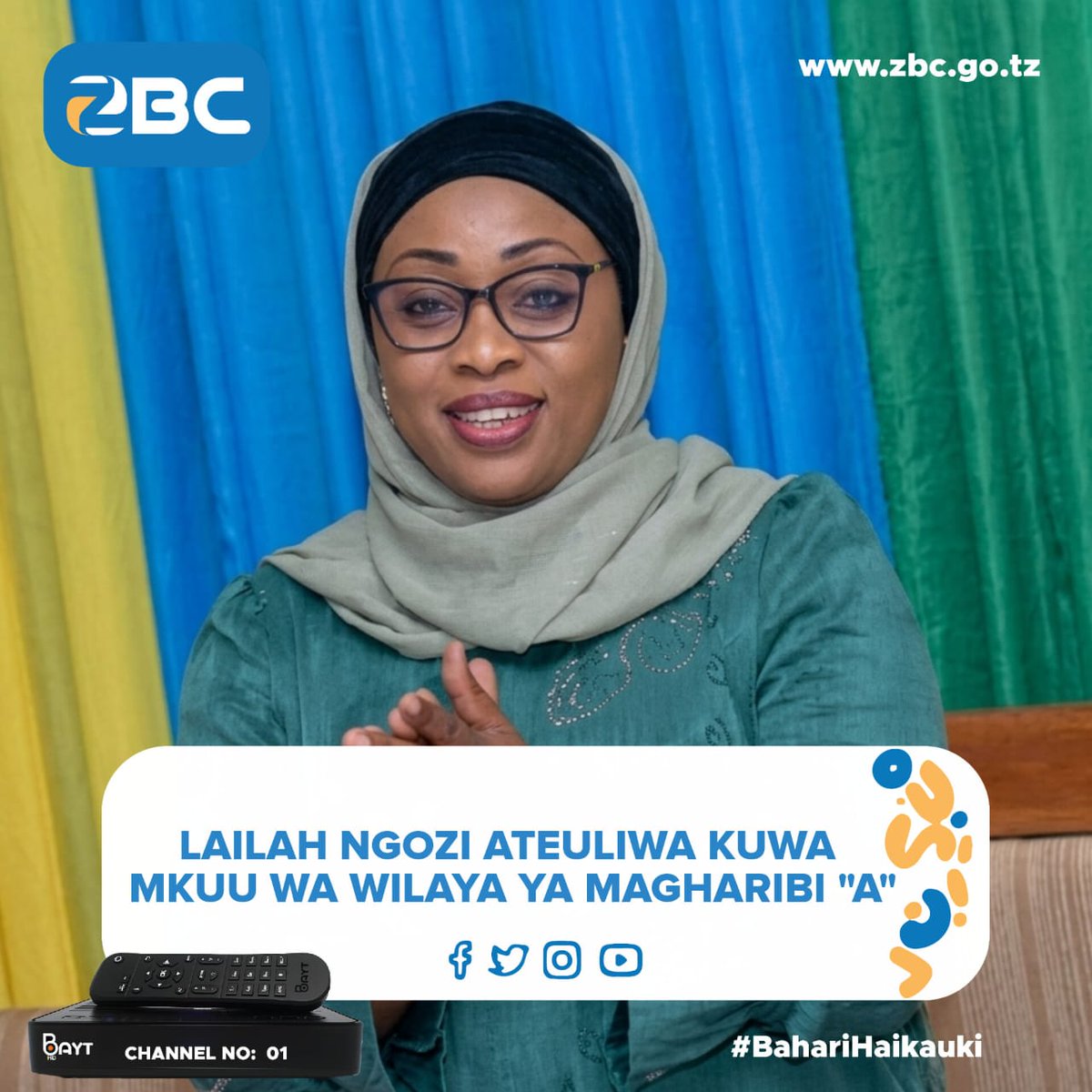 zbc_zanzibar's tweet photo. Rais wa Zanzibar na Mwenyekiti wa Baraza la Mapinduzi Mheshimiwa Dkt. Hussein Ali Mwinyi amemteua Ndugu Lailah Burhan Ngozi kuwa Mkuu wa Wilaya ya Magharibi “A”, Unguja. Kabla ya uteuzi huo Ndugu Lailah alikuwa Muuguzi na Mjumbe wa Kamati Kuu ya CCM.
-
#ZBCUpdates https://t.co/mQPWrHWAdY