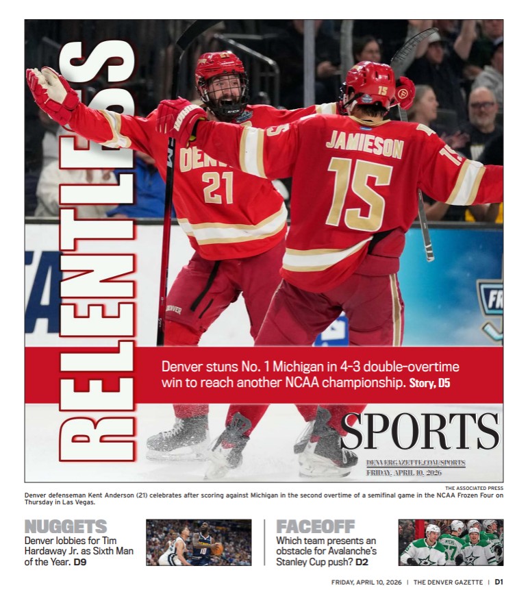 King_TylerB's tweet image. Johnny Hicks stopped shot after shot in OT, keeping the No. 1 offense in the country at bay long enough for @DU_Hockey to find a game-winner.

It came through senior captain Kent Anderson and now, the Pios will play for a national title.

Today's @DenverGazette sports cover ⬇️