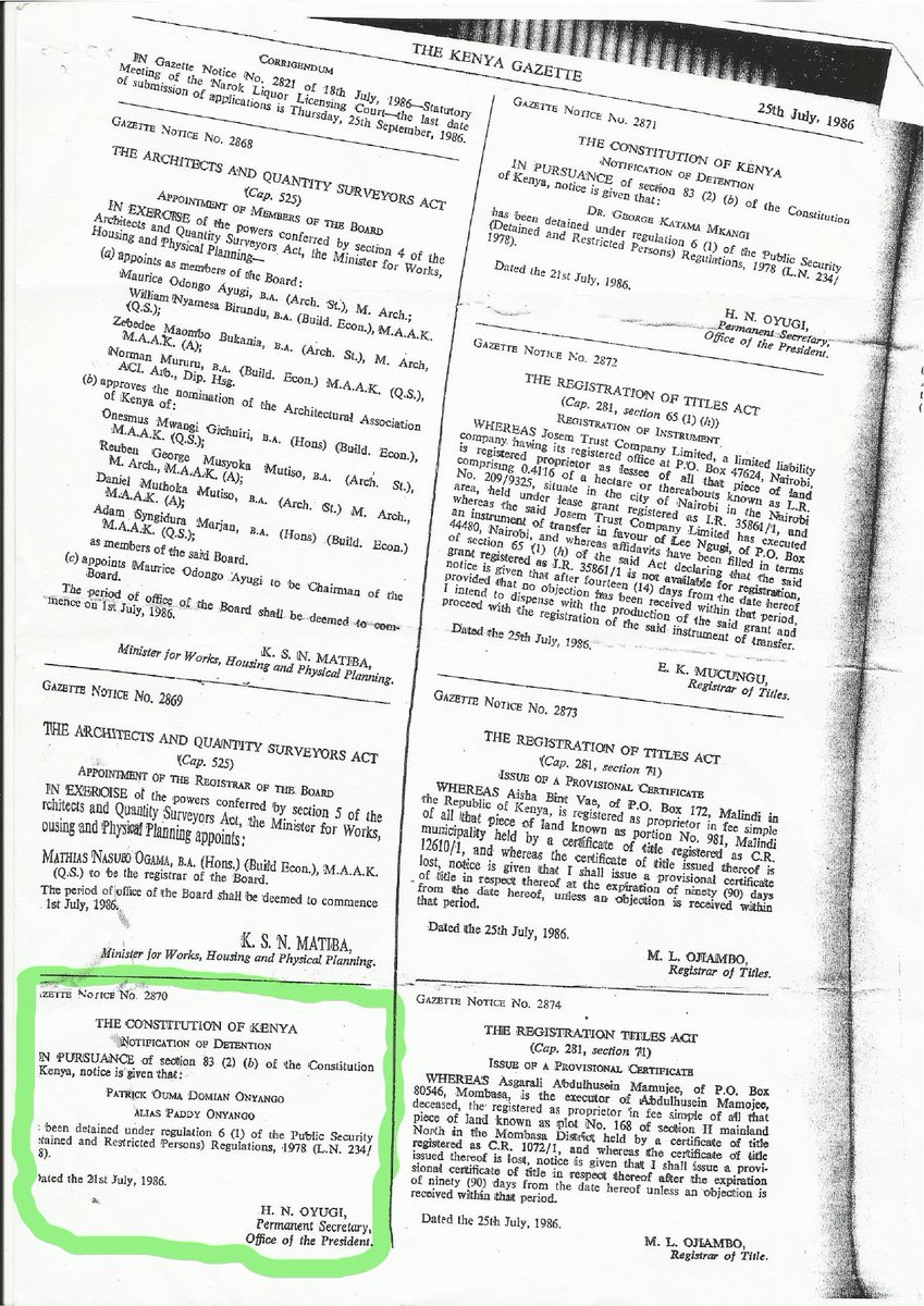 paddyonyango's tweet photo. I was pleasantly surprised that you have such vivid recall of late Hezekiah Oyugi, including his Moniker 'KALAM MADUONG' ['KALAMU KUBWA' 'BIG PEN'], Yes the BIG PEN signed my Detention Without Trial Kenya Gazette, that of #BABA #RailaOdinga Dr. Katama Mkangi, Prof Ngotho Kariuki https://t.co/EXYBuncprF