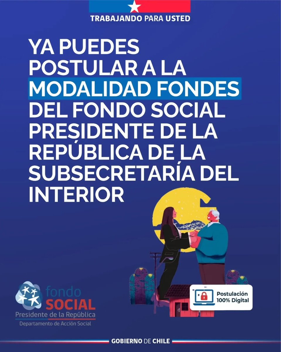DPPMelipilla's tweet image. 📌Se encuentra abierto el proceso de postulación 2026 del Fondo Social Presidente de la República

⬇️ Infórmate más y descarga las bases de postulación, exclusivamente desde el sitio web del Fondo Social: 
fspr.interior.gob.cl

#DPPMelipilla
#GobiernoDeChile 🇨🇱