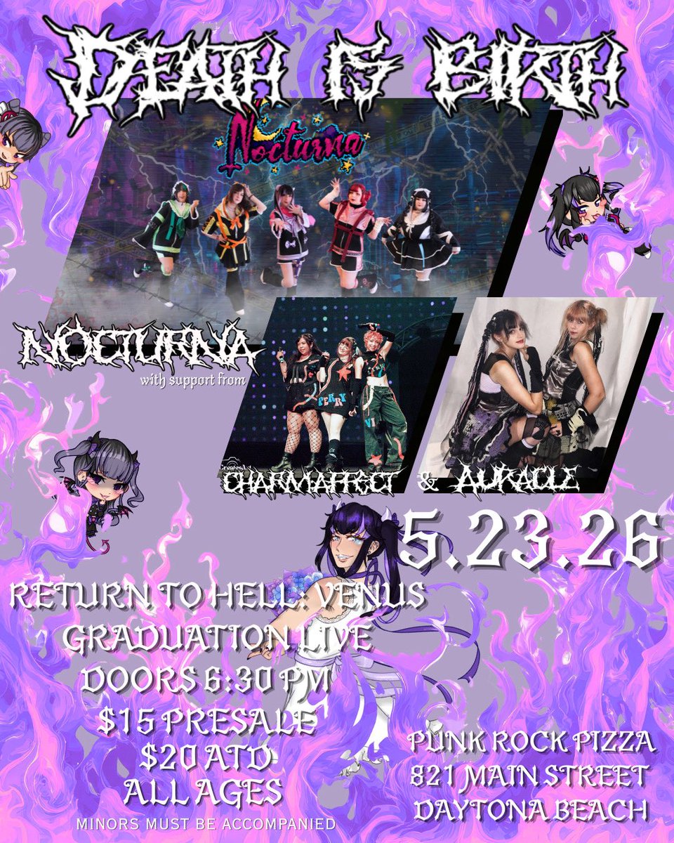 TICKETS FOR DEATH IS BIRTH- VENUS GRADUATION LIVE ARE ON SALE TODAY!! 

VIP is already live and GA opens at 6pm
Join us as a final send off for Venus, joined by <a href="/AuracleOfficial/">AURA☾LE</a> and <a href="/charmaffectlive/">Charm:Affect</a> on May 23rd in Daytona Beach!! 

app.hi.events/event/7133/dea…
