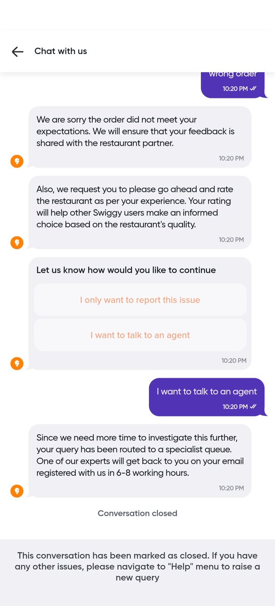 harshsodi's tweet photo. @Swiggy  @SwiggyCares  choosing the mode of convenience to close support requests? what kind of sick behaviour is this? 

i have dmed this issue as well but nobody responded. 

order #234806554954581 https://t.co/kvCcJteDzO