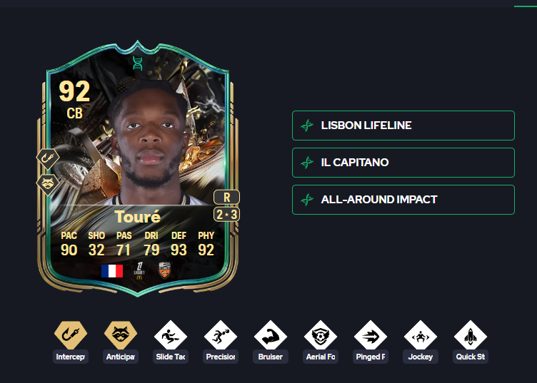 xBraedenFC_'s tweet photo. 🚨 LAB ALERT 🚨

TOURÉ IS STILL A WALL 🇫🇷🔥

VERY SHORT CHAIN

CAN PLAY CB 💀

96.6 META 📈

93 defending… 92 physical 😳

Intercept 💪
Anticipate 🐱
Bruiser

Jockey
Block 🚧
Aerial Fortress
Slide Tackle
Pinged Pass
Quick Step 🚀
STRONG + FAST + RELIABLE 🧱

This card DOES NOT MOVE 😈

#EAFC #EVO #Meta