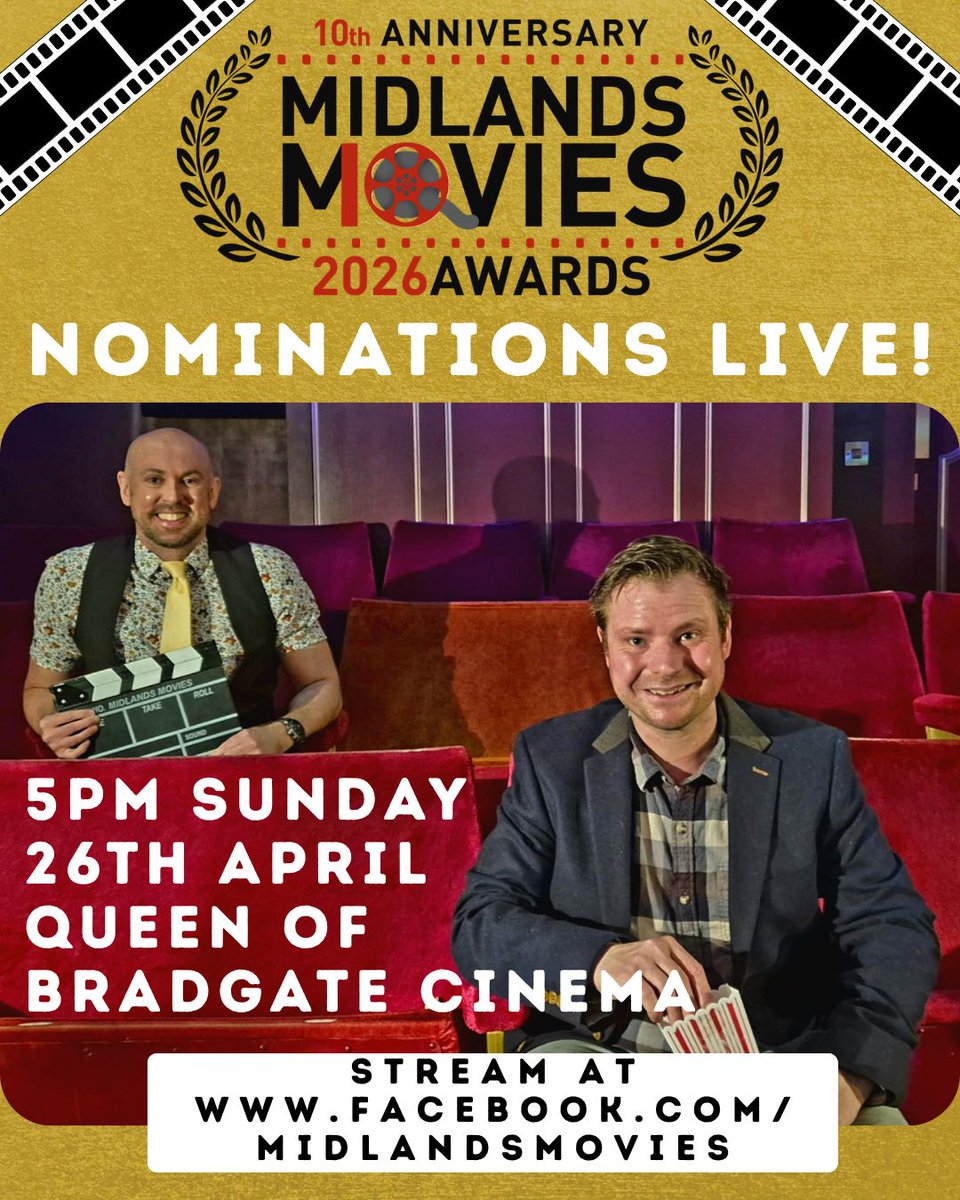 It's here! We'll be sharing the nominations for the 2026 Midlands Movies Awards on Sunday 26th April. Editor Mike Sales will again be joined by ceremony co-host Ed Stagg to announce nominees across 16 categories. Find out via Facebook live in a few weeks

facebook.com/midlandsmovies
