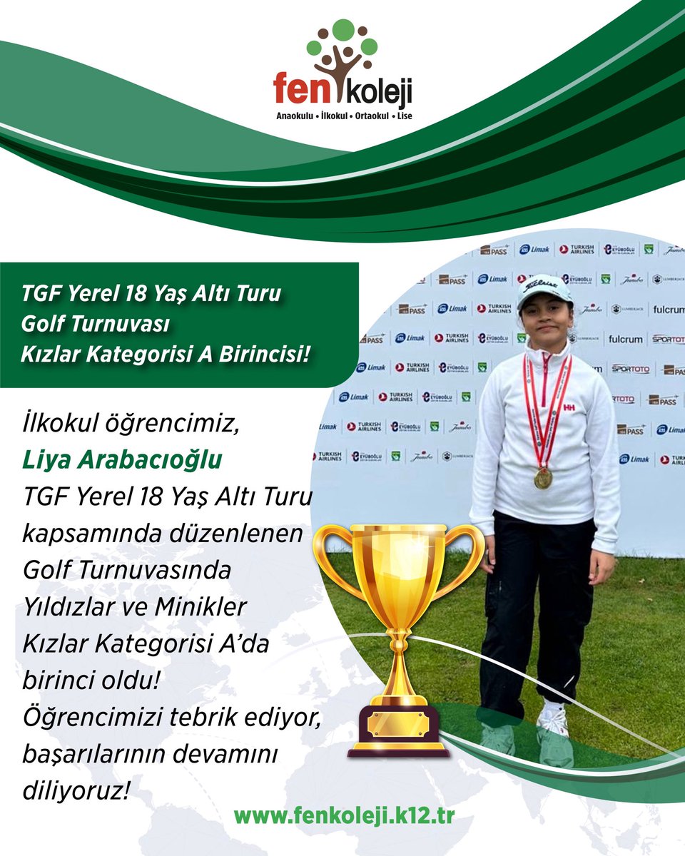 TGF Yerel 18 Yaş Altı Turu kapsamında düzenlenen Yıldızlar ve Minikler İstanbul 1. Ayak, TGF Silivri Akademi Golf Sahası’nda başarıyla gerçekleştirildi.
 
Kızlar Kategorisi A’da öğrencimiz Liya Arabacıoğlu gösterdiği üstün performansla birincilik elde etti. 👏
