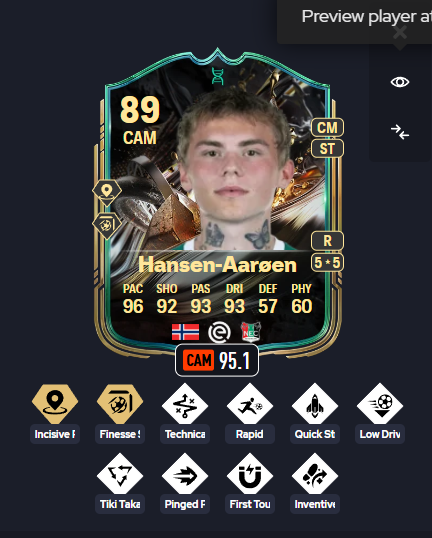xBraedenFC_'s tweet photo. 🚨 LAB ALERT 🚨

HANSEN-AARØEN IS BACK 🇳🇴🔥

ONLY 89 OVR

CAN PLAY CAM / CM / ST 💀

95.1 META 📈

96 pace… 93 dribbling 😳

Finesse+ 🥶
Incisive+🧠

Technical
Rapid ⚡
Quick Step 🚀
Tiki Taka
Pinged Pass
First Touch
Inventive
Low Driven

FAST + SILKY + CREATIVE 😮‍💨
 
This card GLIDES past everyone 😈

#EAFC #EVO #Meta