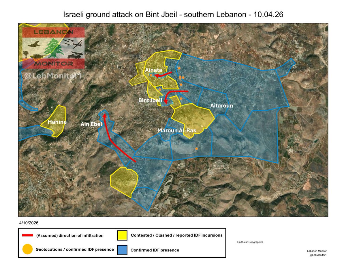 LebMonitor1's tweet photo. Israeli attack on Bint Jbeil update - 10.04.2026:

According to statements released by Hezbollah, Israeli forces reached the vicinity of Al-Ishraq school (located in Ainata / north of Bint Jbeil), where they were targeted with missiles.

Additionally, after assessing sentinel 2 satellite imagery from April 9 (via @SoarAtlas and the copernicus data space ecosystem), ground activity is visible from the direction of Yaroun towards the eastern outskirts of Ain Ebel, which further confirms attempts to besiege the city.
Ground activity is also visible in a small area of the eastern part of Bint Jbeil.