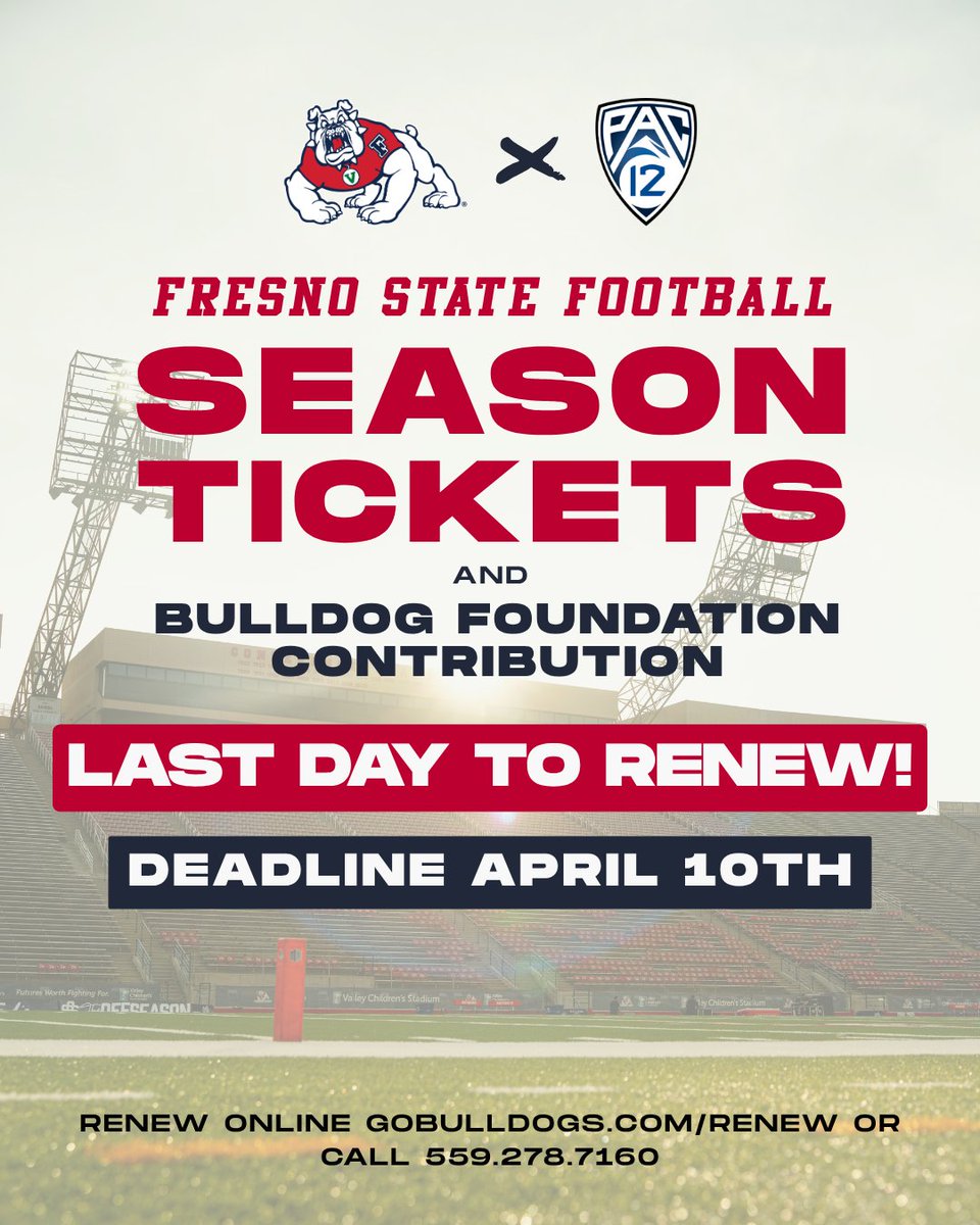 FresnoStateBDF's tweet photo. 🚨The Renewal Deadline is TODAY!🚨

Renew your @FresnoStateFB  Season Tickets and Bulldog Foundation contribution today!

Renew online at https://t.co/x1A7wVRVSm or call us at 559.278.7160 until 5PM to renew over the phone! #GoDogs https://t.co/1K7dh5yh3W
