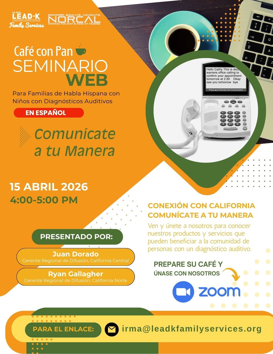 CODIEdeaf's tweet image. ¡CAFÉ CON PAN SEMINARIO WEB!
15 Abril 2026
4:00 - 5:00 PM
“Comunícate a tu Manera”
PREPARE SU CAFÉ Y ÚNASE CON NOSOTROS ZOOM
PARA EL ENLACE: Irma Sanchez, irma@leadkfamilyservices.org

leadkfamilyservices.org

#codiedeaf #leadkfamilyservices