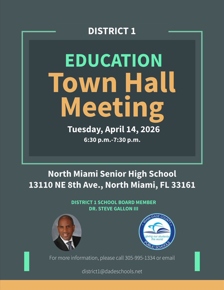 NorthCountyK8's tweet image. Join the conversation that shapes our schools! 📚✨

District 1 is hosting an Education Town Hall Meeting to share updates

🗓 Tuesday, April 14, 2026
⏰ 6:30 PM – 7:30 PM
📍 North Miami Senior High School

#UnderConstruction🚧 #FutureLeadersInTheMaking #YourBestChoiceMDCPS