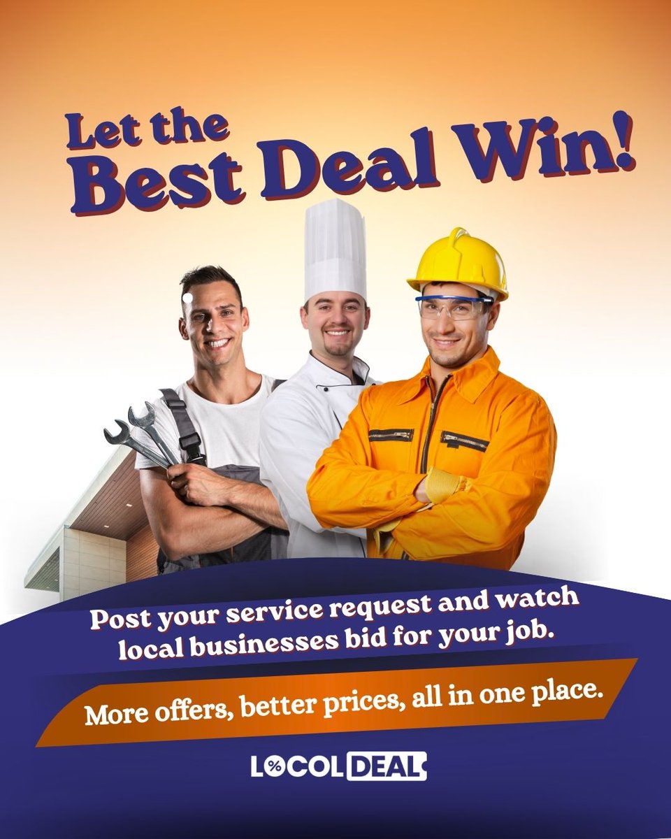 Locol_Deal's tweet image. Let the #BESTDEAL win!
Tired of overpaying for home services, repairs, plumbing, electrical, or catering?
Post your service request on #LocolDeal for FREE and let #localbusinesses compete to give you the best price. More offers  - Better prices - All in one place
