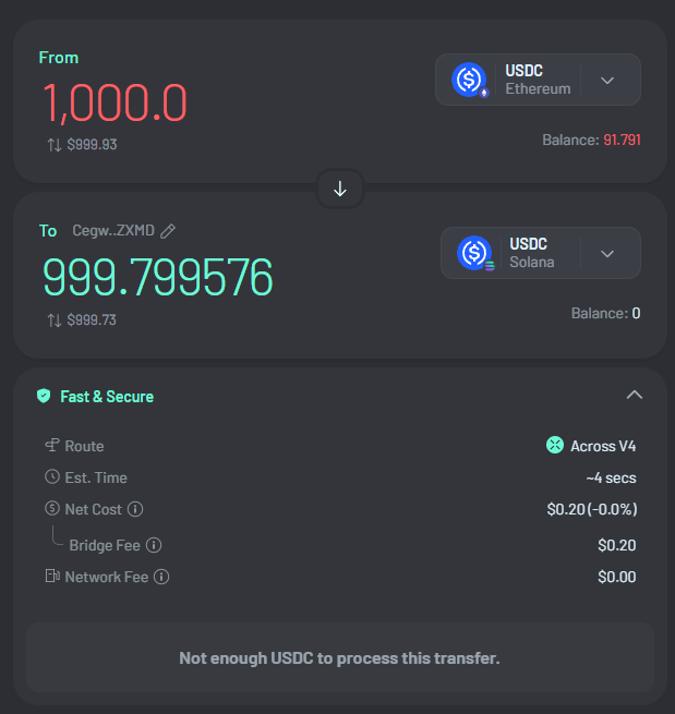 AcrossProtocol's tweet image. You could save over 33% on bridging fees when using Across to bridge 1000 USDC from Ethereum to Solana... for example...