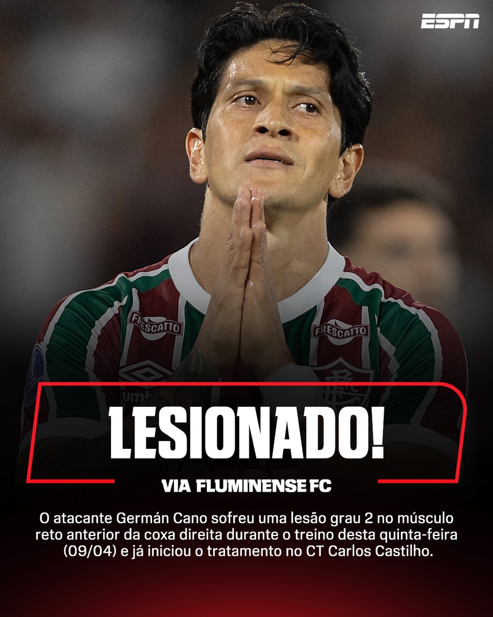 SportsCenterBR's tweet image. BAIXA IMPORTANTE 🤕

O Fluminense informou que o atacante Germán Cano sofreu lesão de grau 2 na coxa direita.

#FutebolNaESPN #Fluminense #GermanCano #Cano