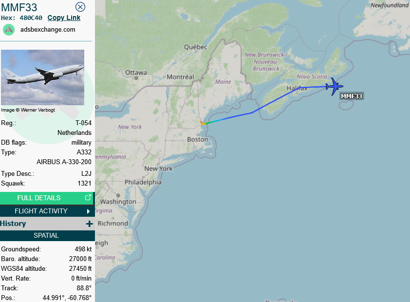 SirListenalot's tweet photo. MMU #A332 #480C40 #MMF33 en route Pease - Lajes picked up three Dutch #F35's #NAF322A out of Burlington https://t.co/c1cVrmNXEY