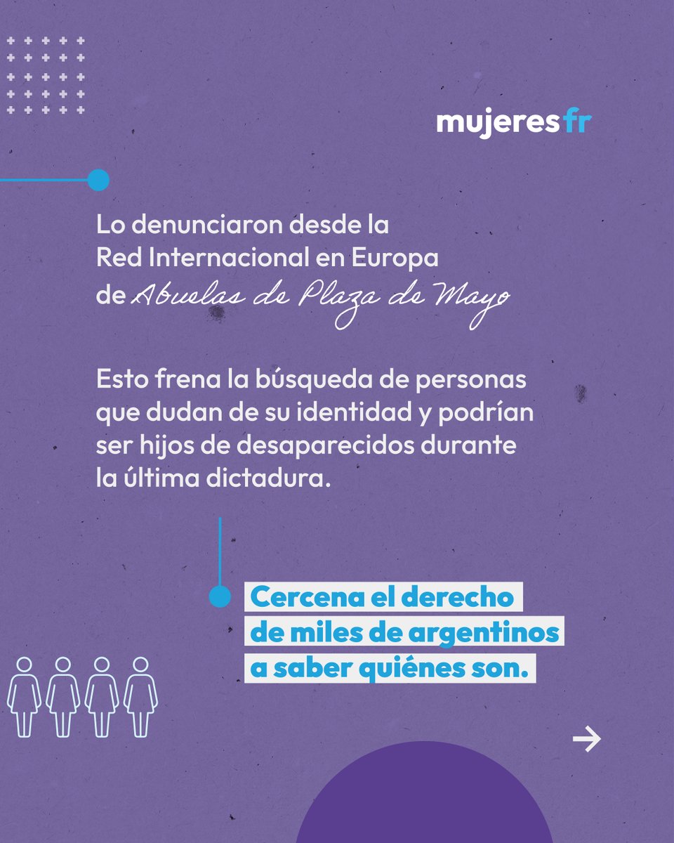 frmujeresok's tweet photo. 🫆La interrupción del envío de kits de ADN a consulados en el exterior afecta el derecho a la identidad.
Durante más de 20 años, el Estado la sostuvo junto a Abuelas. Hoy, quienes viven fuera del país quedan sin acceso.Un retroceso en Memoria, Verdad y Justicia. https://t.co/4DPb5wI7nB