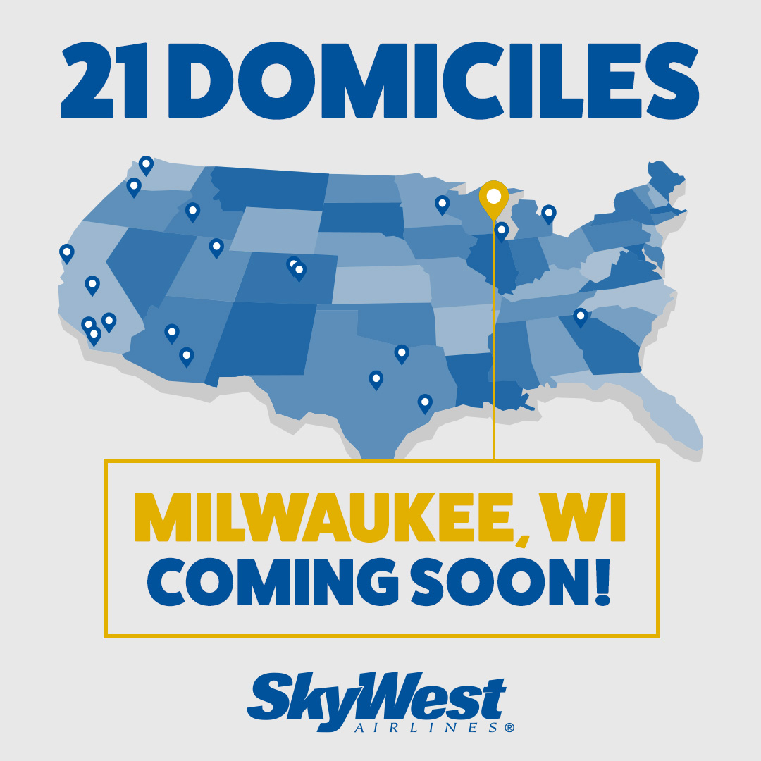SkyWestAirlines's tweet photo. SkyWest is excited to be opening a new crew domicile in Milwaukee, Wisconsin (MKE) on June 1. With 21 domiciles nationwide – more than any other regional airline – our pilots and flight attendants enjoy the best quality of life and career opportunities. https://t.co/I81hQPsJxT https://t.co/WbzOk9Ukes