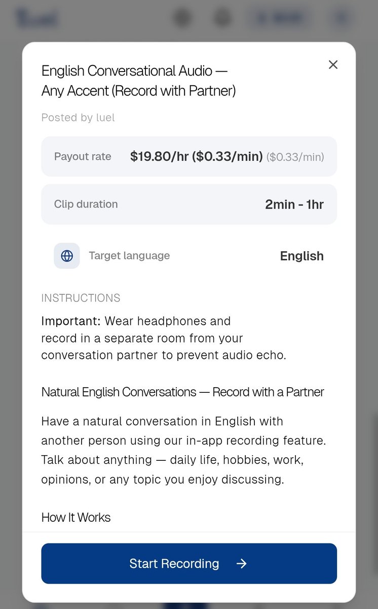 OlatunjiAyokan2's tweet image. 🚨 Luel AI — Earn by Talking in English 👀🎙️
Luel AI is paying people to have natural English conversations
💰 $19.80/hour (~$0.33/min)
👥 Both you and your partner get paid
📌 What you’ll do:
• Have a normal conversation in English
• Talk about daily life, work, hobbies,