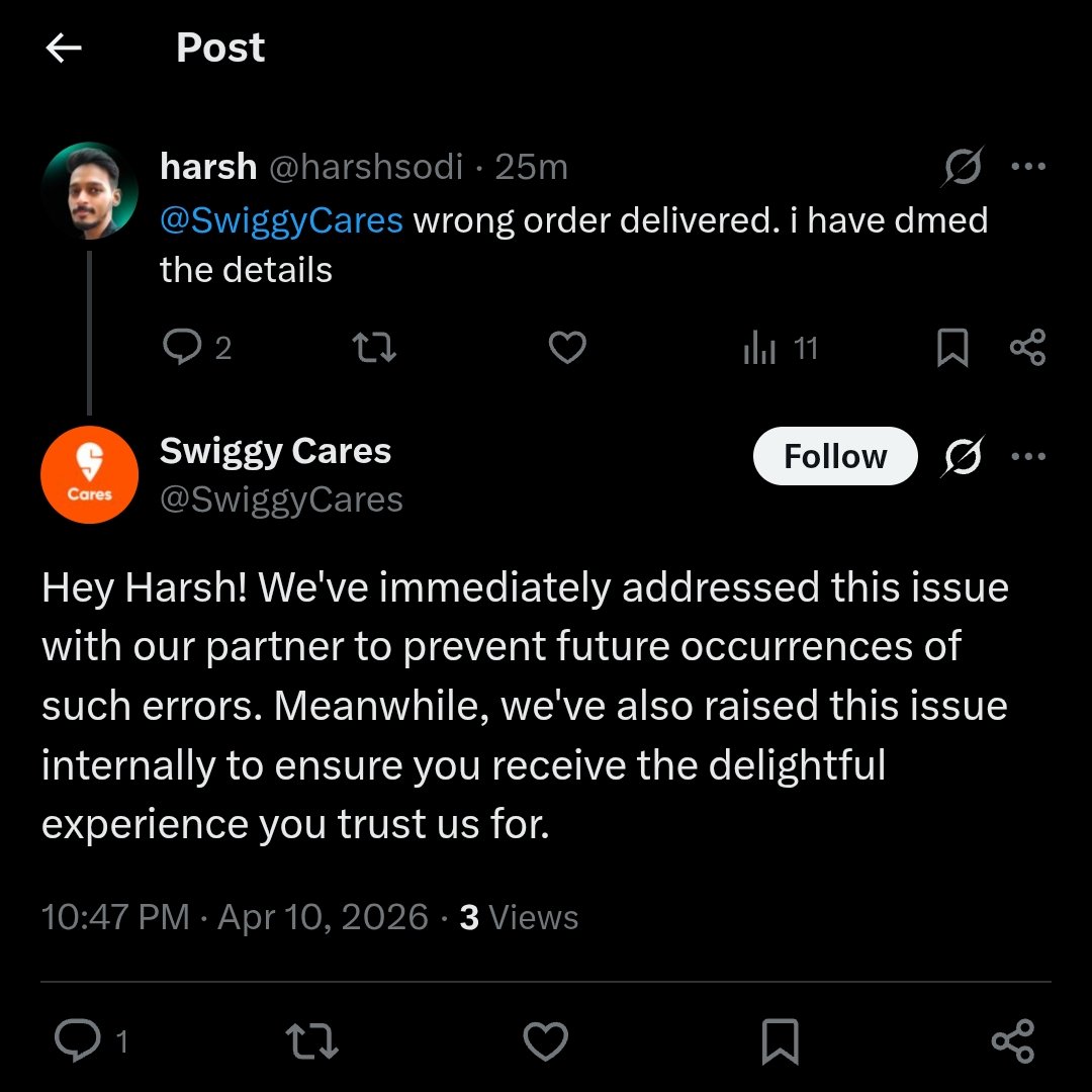 harshsodi's tweet photo. at this point @Swiggy @SwiggyCares has become shameless. last few orders have been delivered wrong from both @Swiggy and @instamart_it . upon raising a complaint, there is no resolution but rather quick closing of the ticket. and now, they continue to shun even through socials! https://t.co/ndzRumLFsD